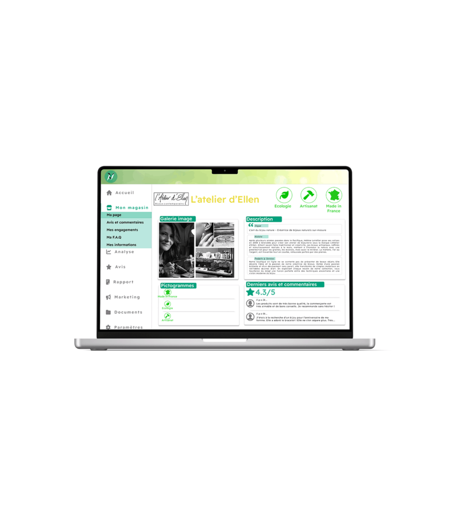 Ordinateur portable affichant la page de l'application Naymo dédiées aux commerçants avec des pages et des onglets destinés au magasin.