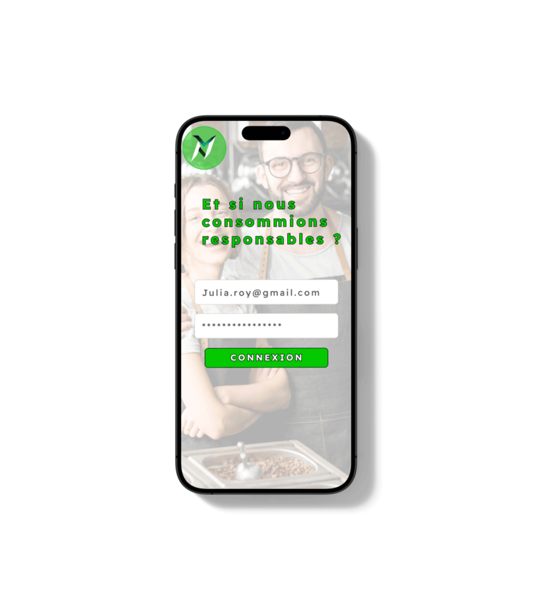 Iphone montrant la page de connexion à un compte pour l'application Naymo avec un identifiant déjà rentré ainsi qu'un mot de passe lui aussi rentré.