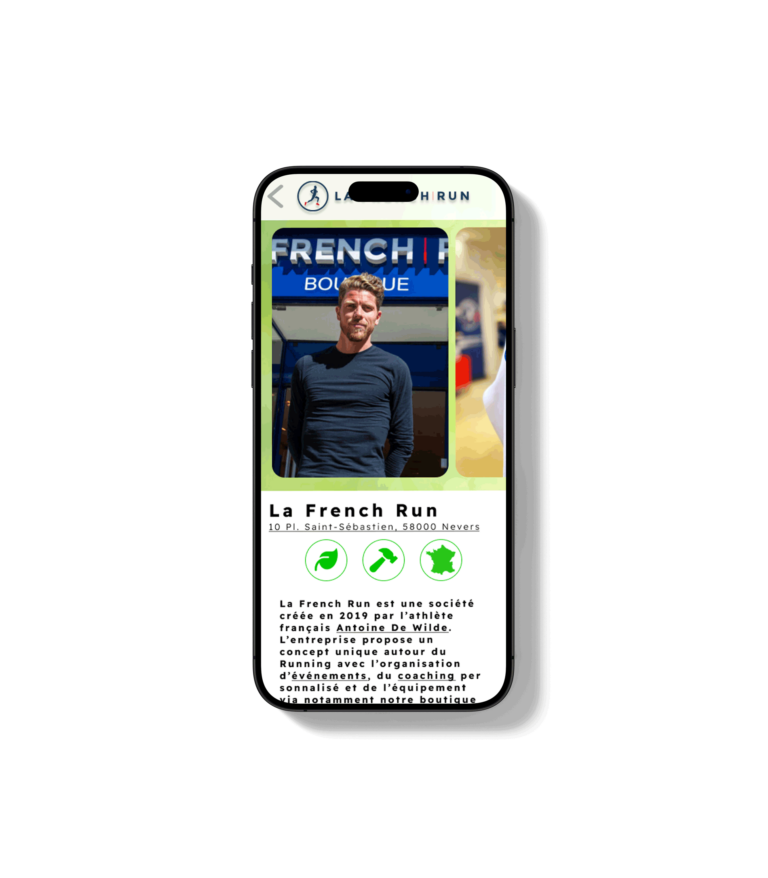 Iphone affichant la page d'une entreprise se nommant "La French Run" avec comme contenu une adresse, des photos et un texte explicatif.