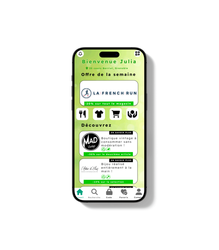 Iphone affichant la page d'accueil d'une application ou l'on voit les offres de la semaine et des découvertes comme des boutiques.