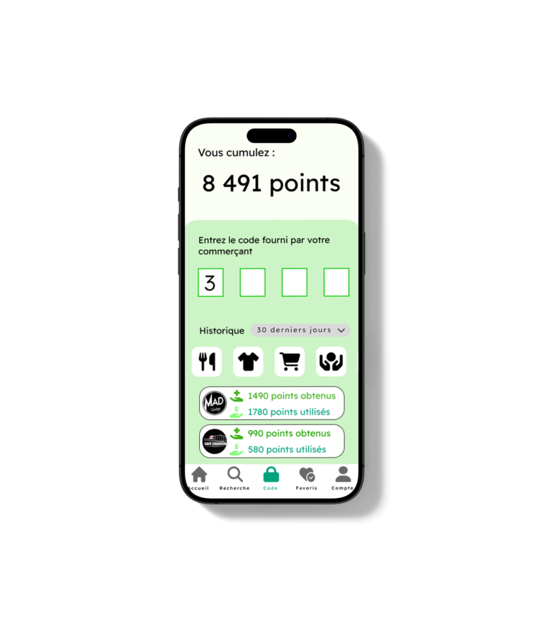Iphone affichant la page "code" de l'application Naymo avec des points fidélité obtenus et utilisés avec un accès à l'historique des derniers achats faits ou promotions utilisées. Il y a aussi une section ou il faut rentrer un code à quatre chiffres fourni par un commerçant.