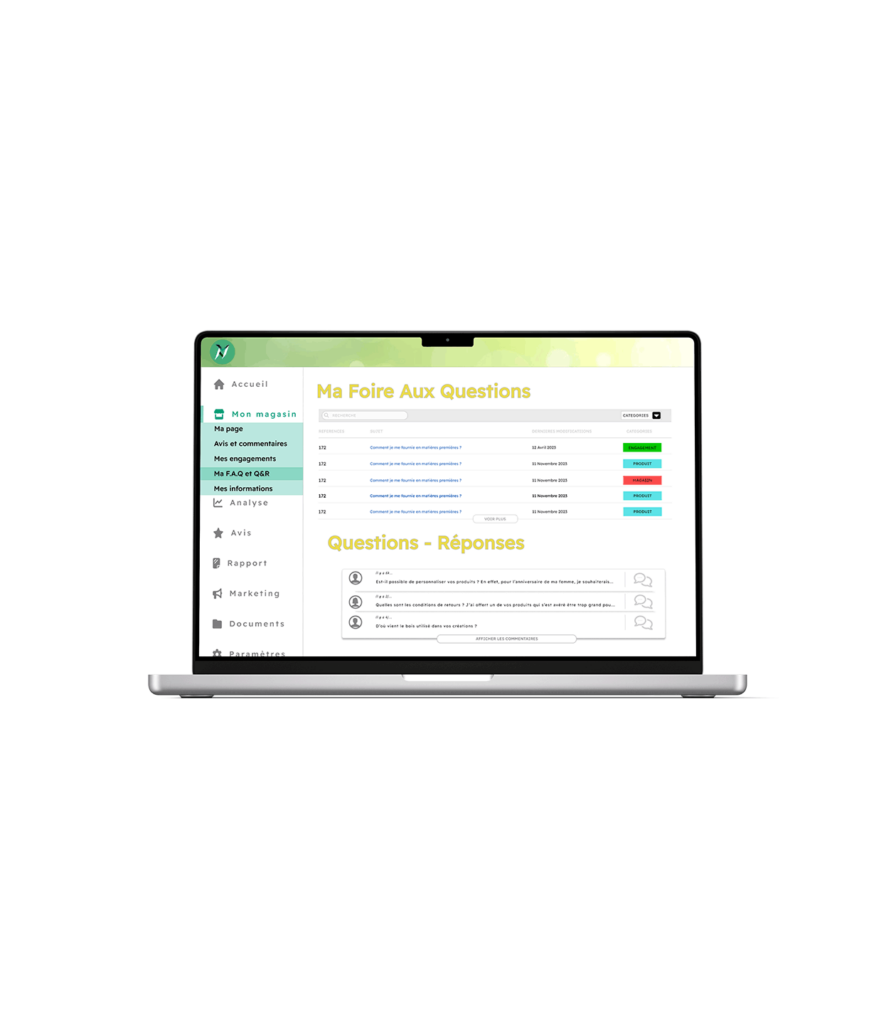 Ordinateur portable montrant la page "Ma Foire Aux Questions" de l'application Naymo