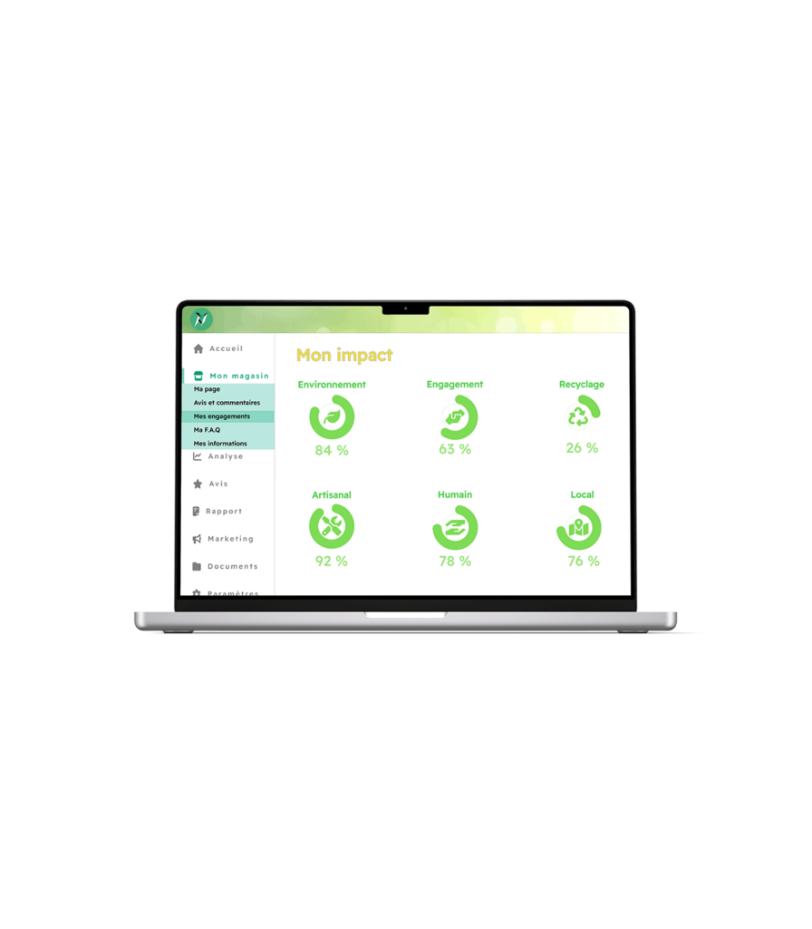 Ordinater portable montrant la page "Mon Impact" sur l'application Naymo montrant aussi des statistiques sur l'impact de l'environnement, l'engagement, le recyclage, l'artisanal, l'humain et le local